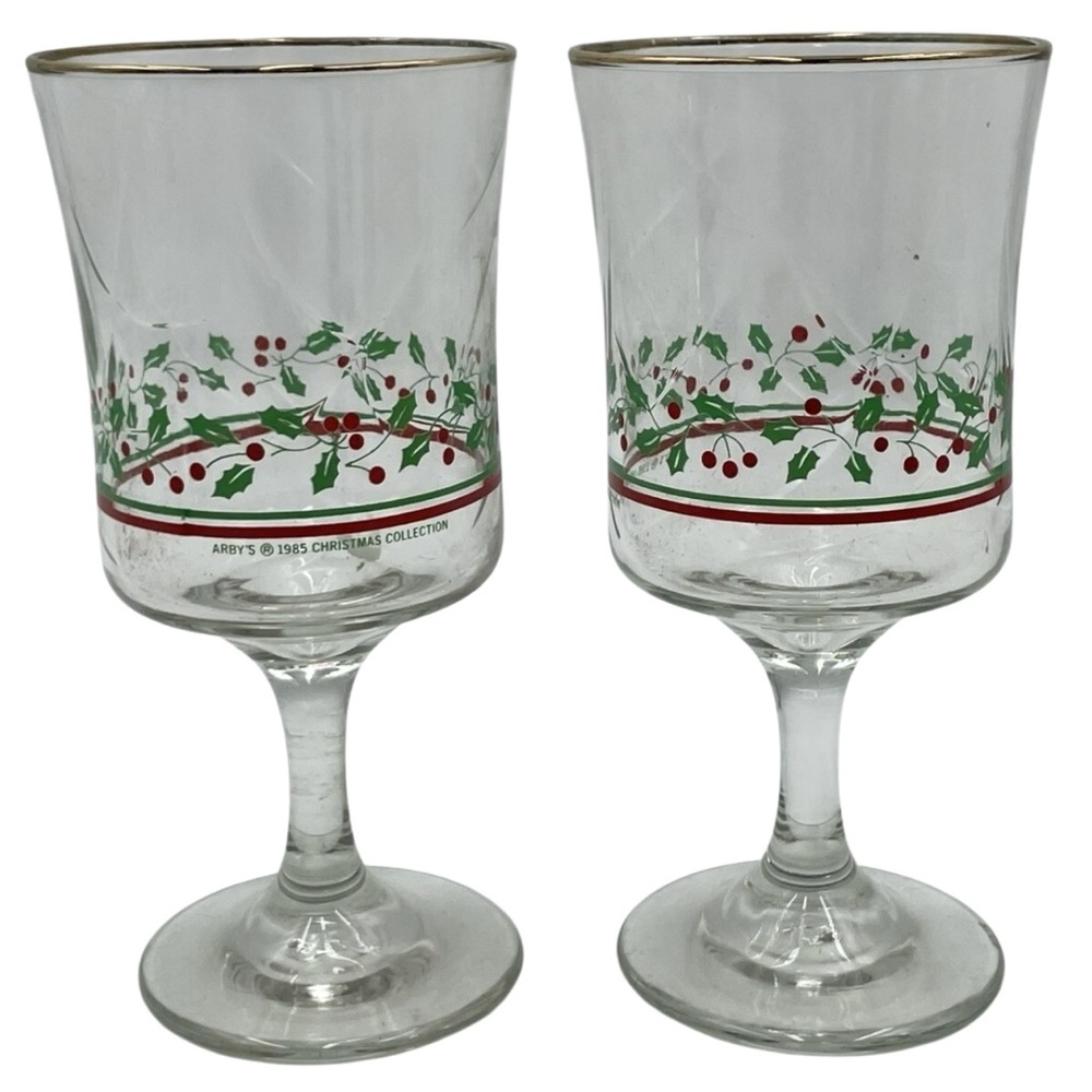Vintage Arby’s Christmas Holiday Glass Goblets with Holly Design Gold Rim 1985 - Picture 2 of 6